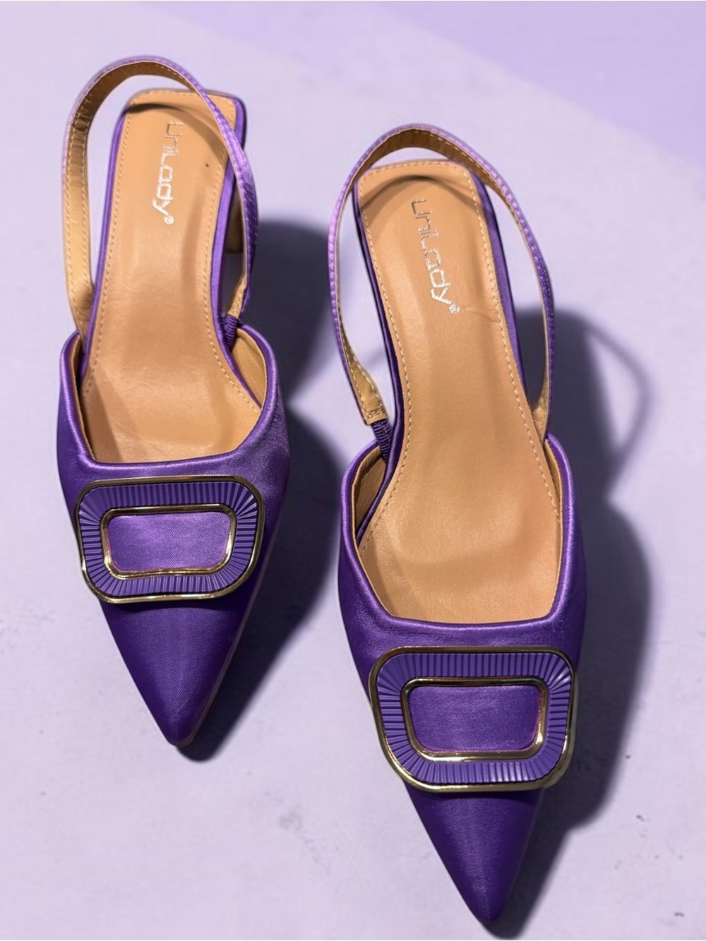 Unilady Pointed Slingback Heels in Violet with Gold Accent